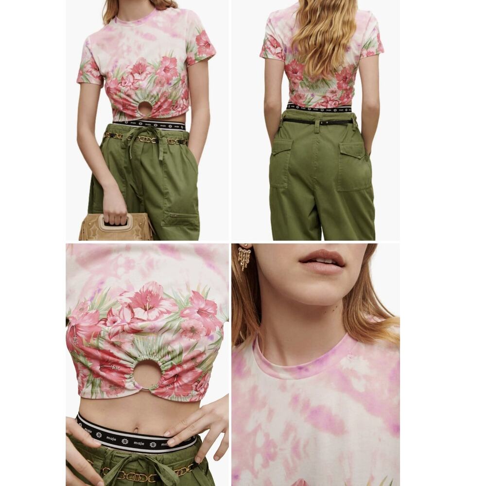 Maje Tie Dye Floral Ring Hardware Cotton Crop Top Size 1 NWT Summer Chic